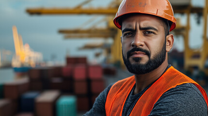 Poster - Professional Worker in Safety Gear at Shipping Port Overseeing Container Logistics and Operations with Crane in Background