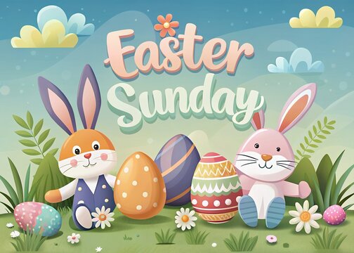 Happy Easter Sunday Poster, Artwork Easter Bunnies with a Big Easter Egg, Ringing a Gold Bell, Easter Greetings with Sunbeam