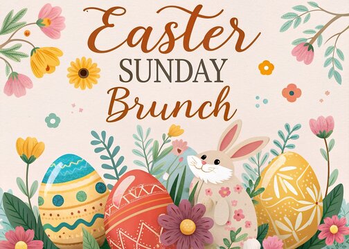 Happy Easter Sunday Poster, Artwork Easter Bunnies with a Big Easter Egg, Ringing a Gold Bell, Easter Greetings with Sunbeam