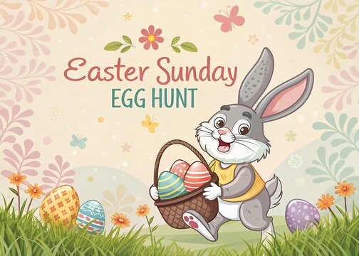 Happy Easter Sunday Poster, Artwork Easter Bunnies with a Big Easter Egg, Ringing a Gold Bell, Easter Greetings with Sunbeam