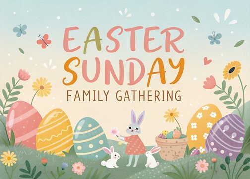 Happy Easter Sunday Poster, Artwork Easter Bunnies with a Big Easter Egg, Ringing a Gold Bell, Easter Greetings with Sunbeam