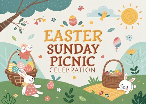 Happy Easter Sunday Poster, Artwork Easter Bunnies with a Big Easter Egg, Ringing a Gold Bell, Easter Greetings with Sunbeam