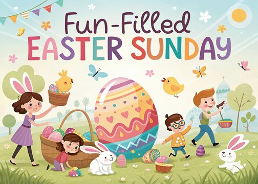 Happy Easter Sunday Poster, Artwork Easter Bunnies with a Big Easter Egg, Ringing a Gold Bell, Easter Greetings with Sunbeam