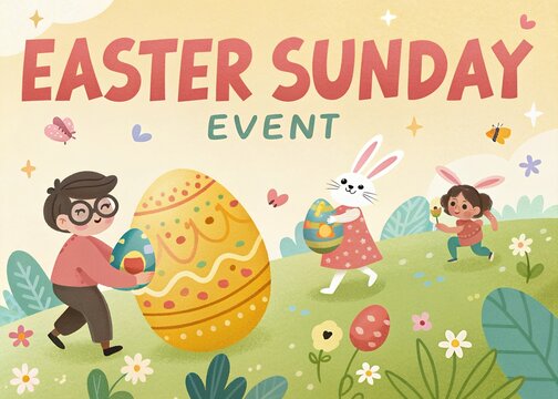 Happy Easter Sunday Poster, Artwork Easter Bunnies with a Big Easter Egg, Ringing a Gold Bell, Easter Greetings with Sunbeam