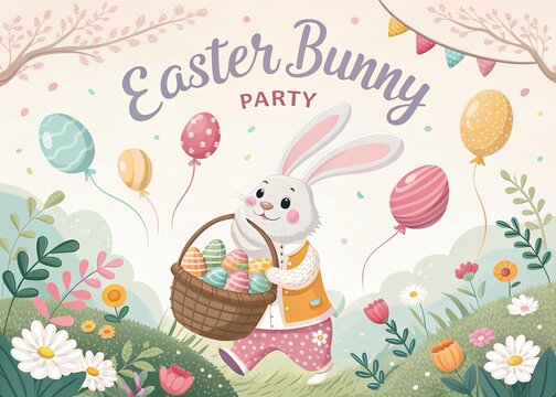 Happy Easter Sunday Poster, Artwork Easter Bunnies with a Big Easter Egg, Ringing a Gold Bell, Easter Greetings with Sunbeam