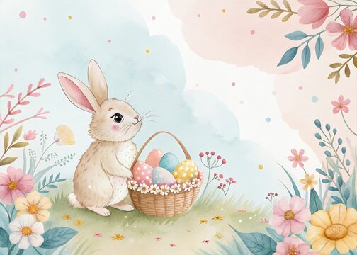 Happy Easter Sunday Poster, Artwork Easter Bunnies with a Big Easter Egg, Ringing a Gold Bell, Easter Greetings with Sunbeam