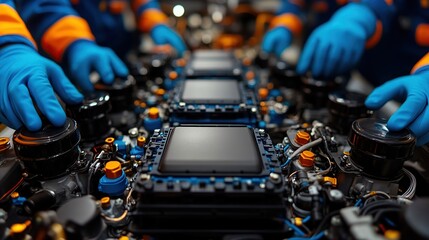 Poster - Factory workers inspect electronic components in a production line