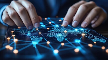 Poster - Hands interacting with global network map on tablet, modern business concept