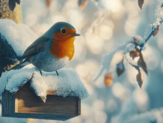 Wall Mural - Bird at Snowy Bird Feeder