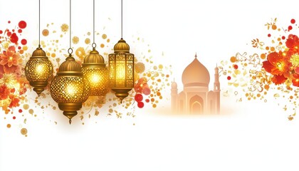 Aufkleber - Golden Lanterns and Mosque Silhouette with Red Flowers on White Background