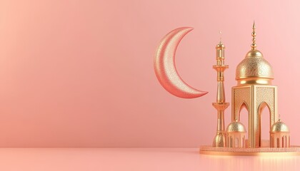 Aufkleber - Golden Mosque and Crescent Moon on Pink Background