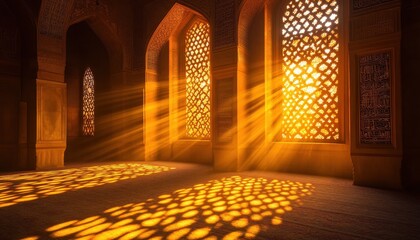 Poster - Golden Sunlight Streaming Through Ornate Stone Windows in Ancient Building Interior