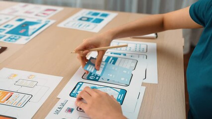 Poster - startup company employee planning for user interface prototype for mobile application or website in 