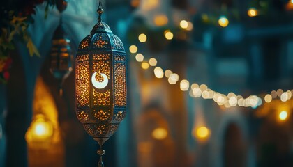 Aufkleber - Intricate Metal Lantern with Warm Glowing Light at Night