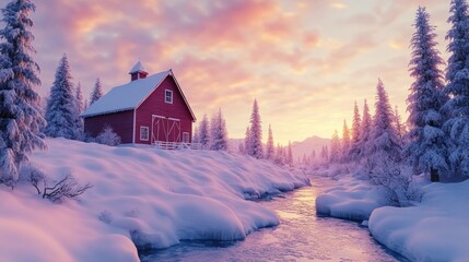 Wall Mural - red house on snowy hill