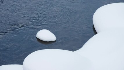 Wall Mural - one snow-covered rock in river water flowing gently past riverbank in winter landscape