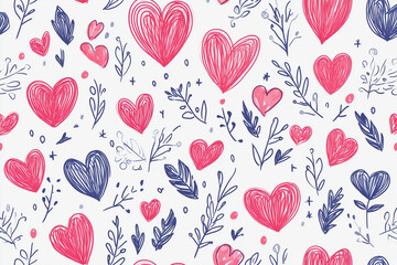 Poster - drawing of hearts and leaves with a pink and blue color scheme. The drawing is of a pattern of hearts and leaves, with the hearts being in various sizes and the leaves being in different shapes