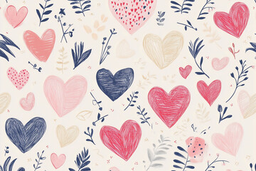 Poster - drawing of many hearts with leaves and flowers surrounding them. The drawing is of a Valentine's Day card