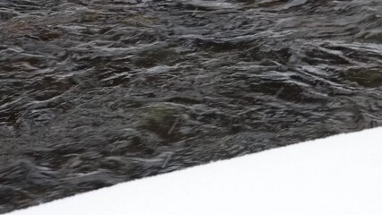 Wall Mural - dark river water flowing past white mound of fresh snow