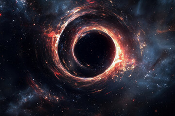 Wall Mural - black hole is shown in the center of the image, surrounded by a bright orange glow. Concept of awe and wonder at the vastness and mystery of the universe