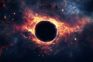 Wall Mural - black hole is in the center of a colorful galaxy. The black hole is surrounded by a bright orange and red cloud of gas and dust. Concept of awe and wonder at the vastness