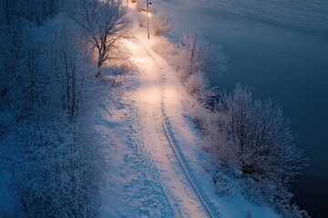 Wall Mural - snowy road and lake