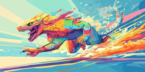 Wall Mural - a colorful reptile creature sprints powerfully across a vibrant background