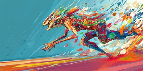 Wall Mural - abstract colorful illustration of a creature running fast
