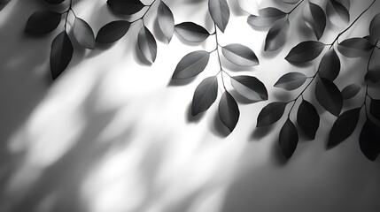 Poster - Abstract shadows of leaves on a white wall background, in black and grey colors, blurred.
