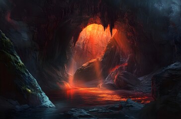 glowing lava lake within a dark volcanic cave