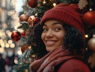 Wall Mural - woman with red hat and scarf by christmas tree