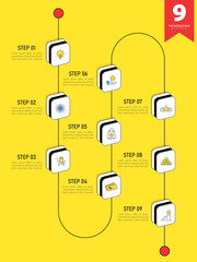 Aufkleber - Infographic template 9 Step timeline journey isolated yellow background, Data visualization flat simple design. presentation graph. Business timeline creator 9 options, vector illustration.