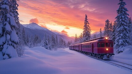 A red Polar Express train traveling through a snowy forest at sunset, symbolizing winter travel.