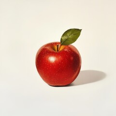 Poster - Single shiny red apple with a green leaf resting on a plain white background in bright light