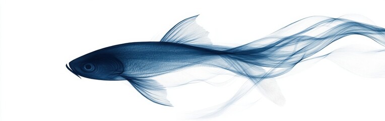 Aufkleber - Detailed pencil illustration capturing the elegant abstract silhouette of a fish with flowing lines in blue tones