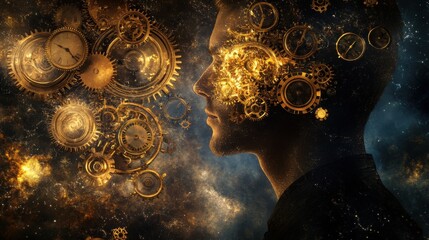 Fototapete - Mystical profile of a man with intricate gears representing thoughts and imagination set against a cosmic background