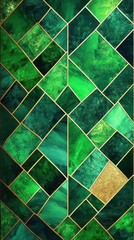 Poster - Textured geometric pattern with interlocking designs in various shades of green featuring golden accents