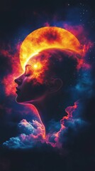 Aufkleber - Surreal representation of a glowing woman emerging from vibrant clouds during a cosmic sunset