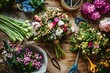 © ckybe - A florist skillfully arranges a seasonal flower centerpiece on a wooden table, with tools like scissors and floral foam highlighting the art of floral design.