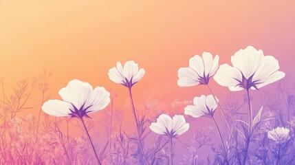 Aufkleber - Doodles of white flowers basking in the golden glow of a warm sunset over a tranquil landscape