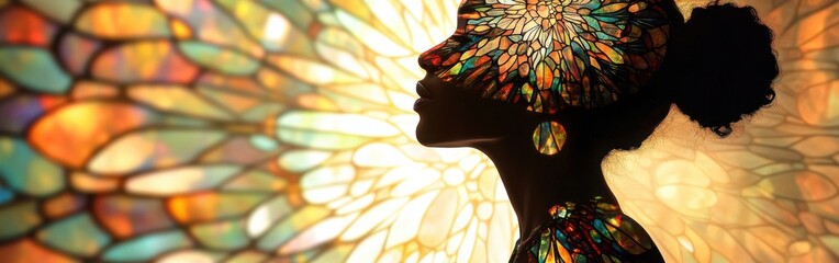 Leinwandbilder - Serene portrait of a woman with stained glass light illuminating her features in a tranquil setting