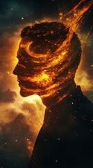 Poster - Mystical profile of a man surrounded by swirling energy and cosmic elements against a dark background in a dreamlike atmosphere