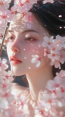 Aufkleber - Portrait of a serene woman surrounded by cherry blossoms during golden hour, highlighting her beauty and tranquility