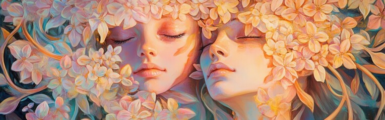 Poster - Couples' serene expressions captured in a floral embrace under soft sunlight in a peaceful garden setting