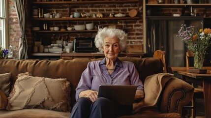 Poster - Elderly woman with white curly hair enjoying a cozy afternoon at home while browsing on a tablet