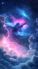 Wall Mural - Deep abyss blue shifting into brilliant neon pink creating a magical celestial dreamworld above the clouds