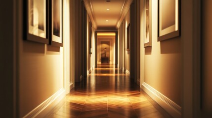 Poster - Elegant hallway featuring herringbone-patterned flooring illuminated by soft lighting and accompanied by framed artwork