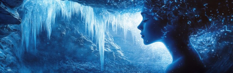 Poster - Surreal portrayal of a glowing woman in an icy cave setting during twilight hours