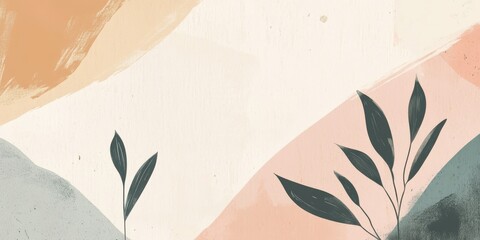 Aufkleber - Grainy texture illustration featuring soft shapes and delicate foliage in natural colors