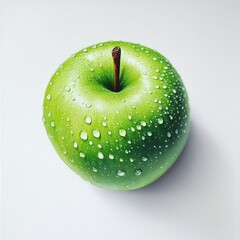 Poster - Bright green apple glistening with water droplets against a plain background, showcasing freshness and vitality